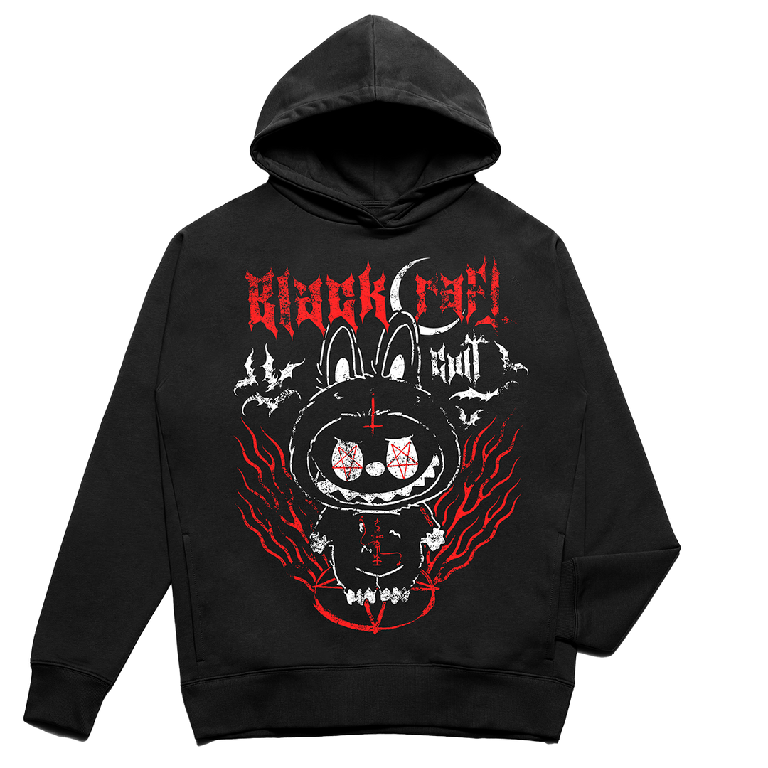 A classic black pullover hoodie with custom Blackcraft artwork on the front and side pockets.