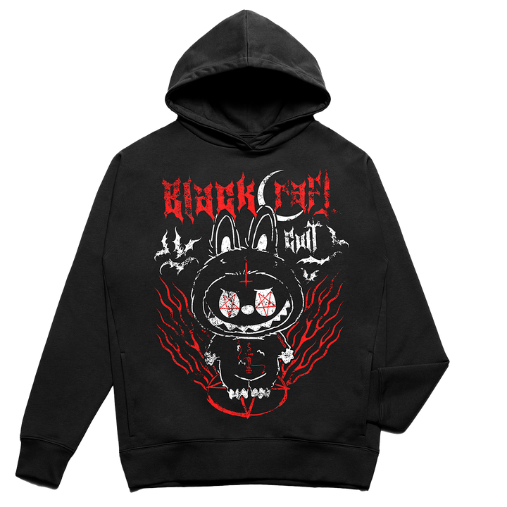 A classic black pullover hoodie with custom Blackcraft artwork on the front and side pockets.