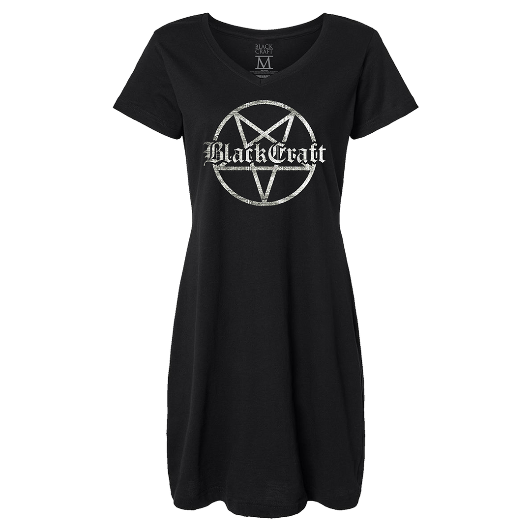A classic cotton tee shirt dress with custom Blackcraft artwork on the front. 
