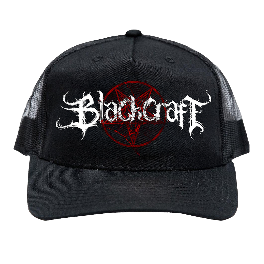 A classic black foam trucker hat with custom Blackcraft artwork on the front.