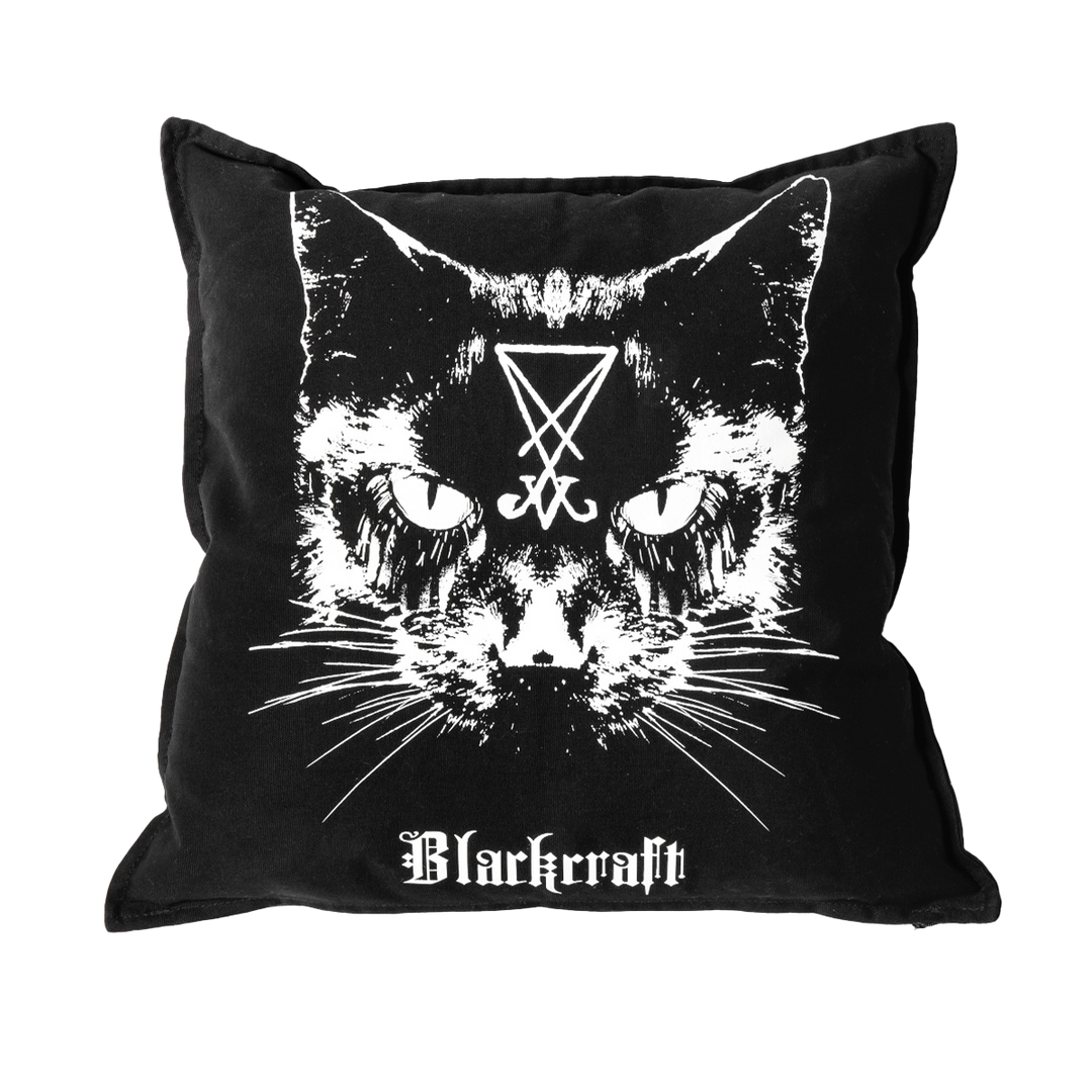 A black cotton throw pillow with cat artwork on the front, from Blackcraft.