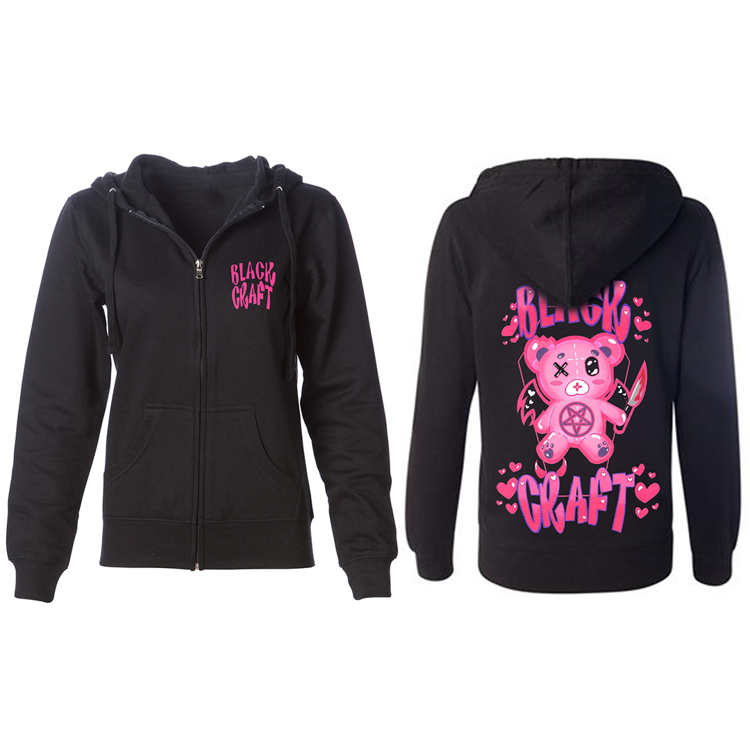 A women's black zip up hoodie with custom pink Blackcraft artwork.