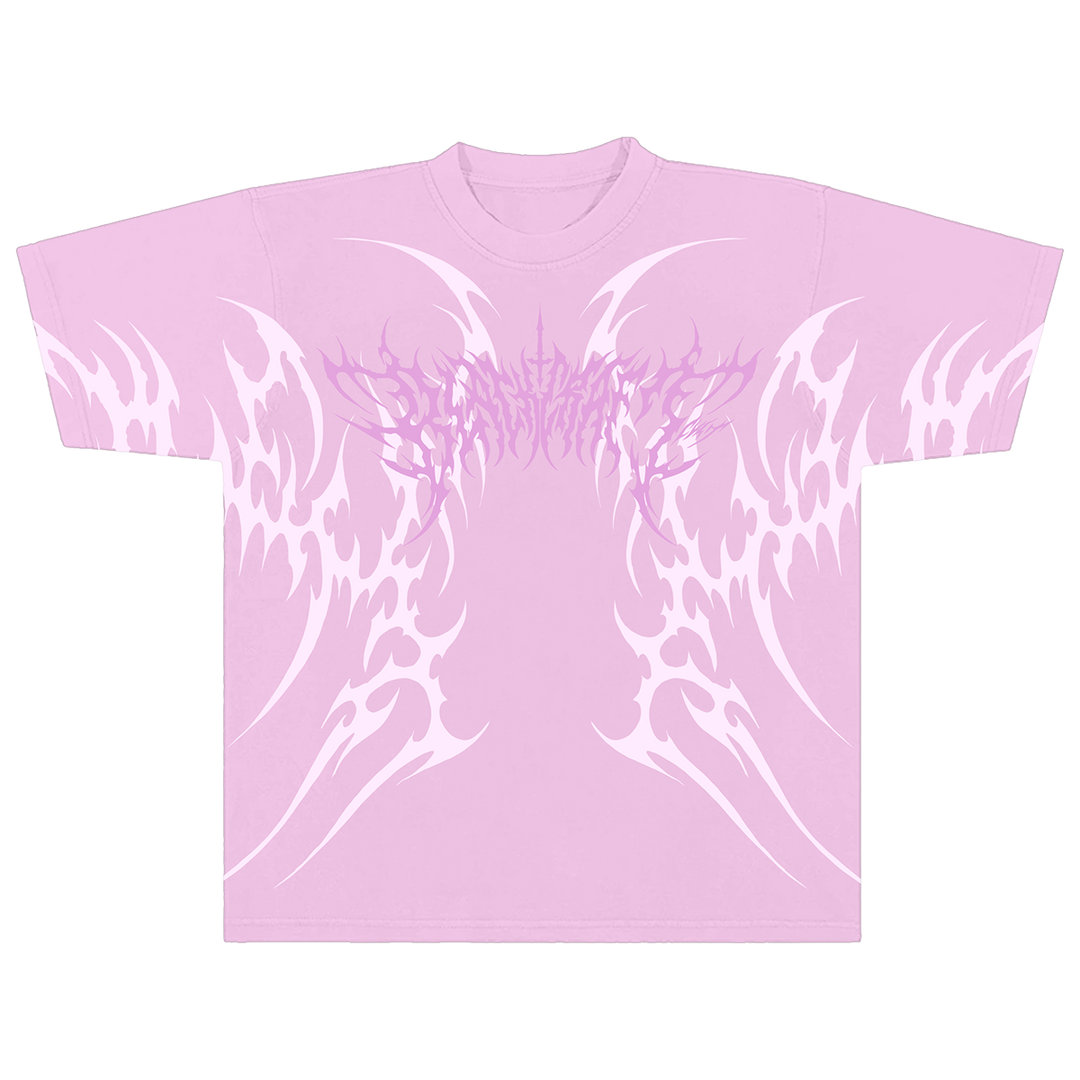 A pink boxy fit cotton tee with custom oversized Blackcraft artwork in light pink on the front and on the sleeves.