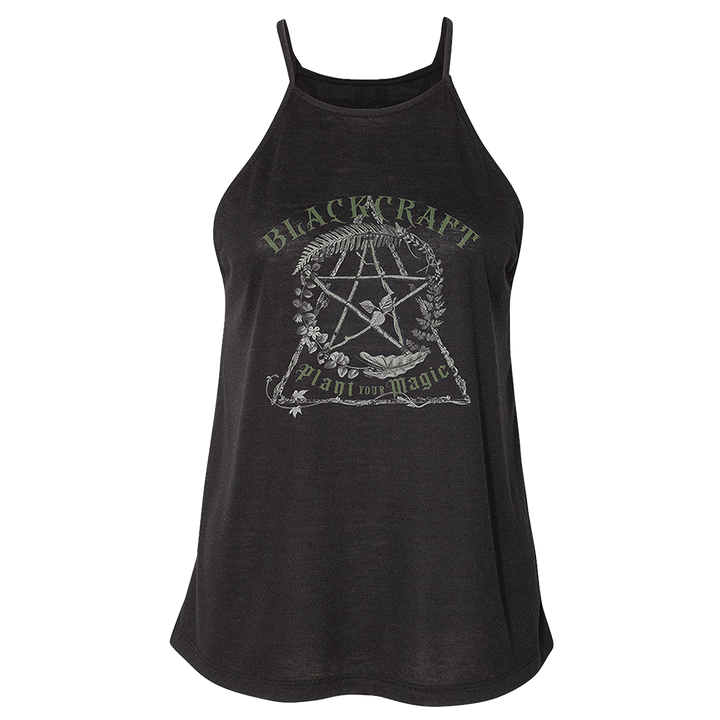 A flowing Blackcraft black tank top with custom plant witch artwork on the front.