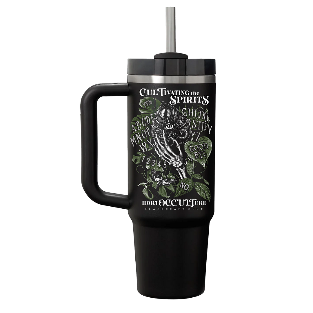 A large black travel tumbler with custom plant witch artwork on the front. From Blackcraft.
