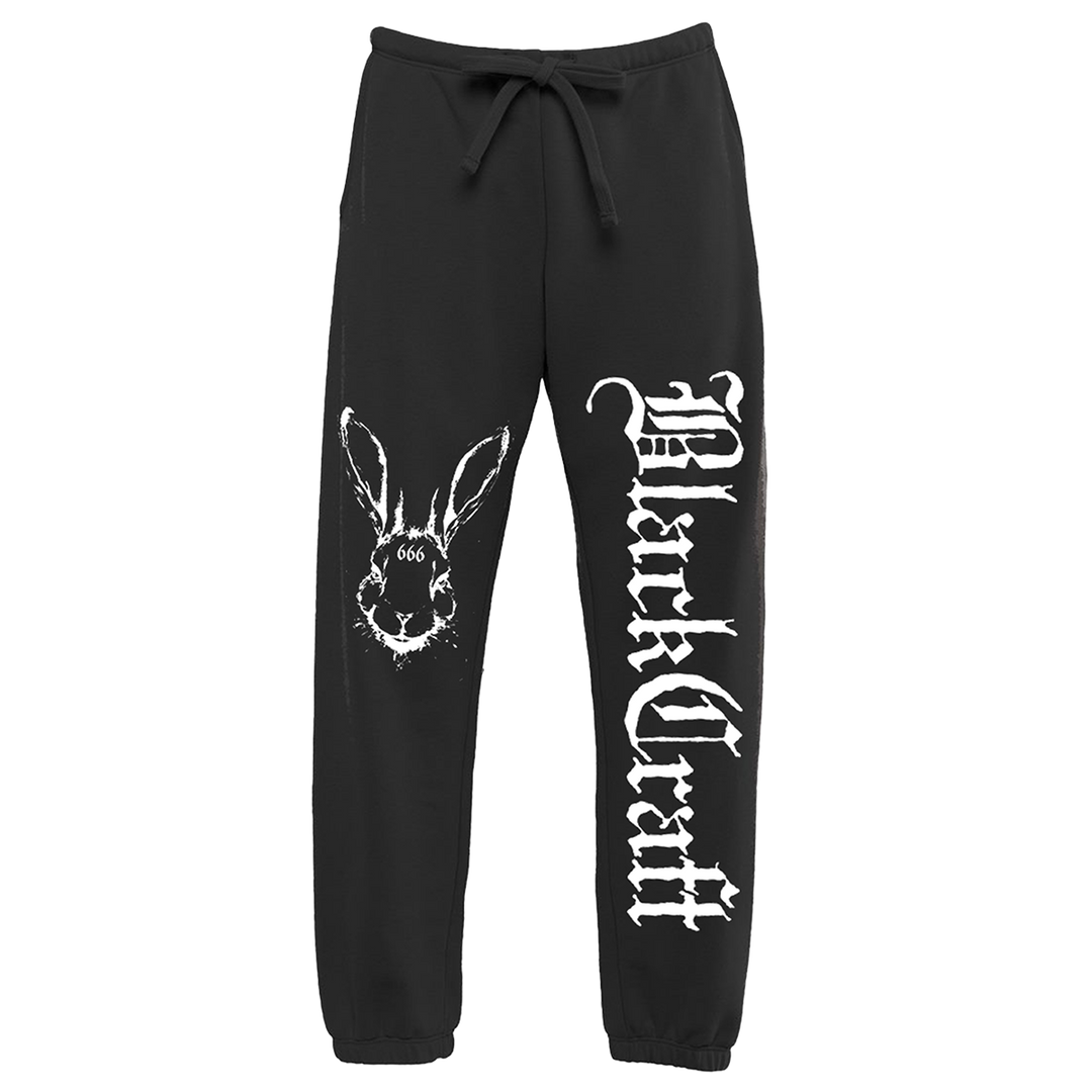 Black tri blend jersey drawstring lounge pants with custom six six six bunny artwork on the front. 