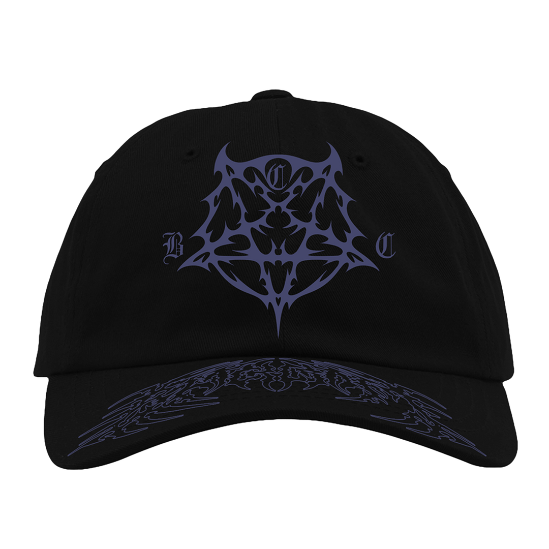 A classic black hat with purple embroidered pentagram front and printed brim.