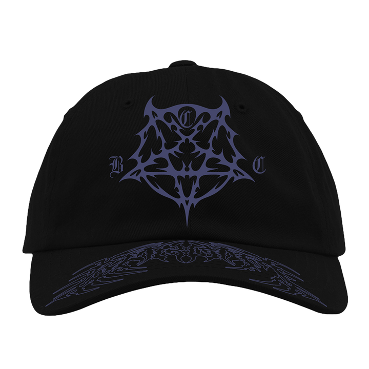 A classic black hat with purple embroidered pentagram front and printed brim.