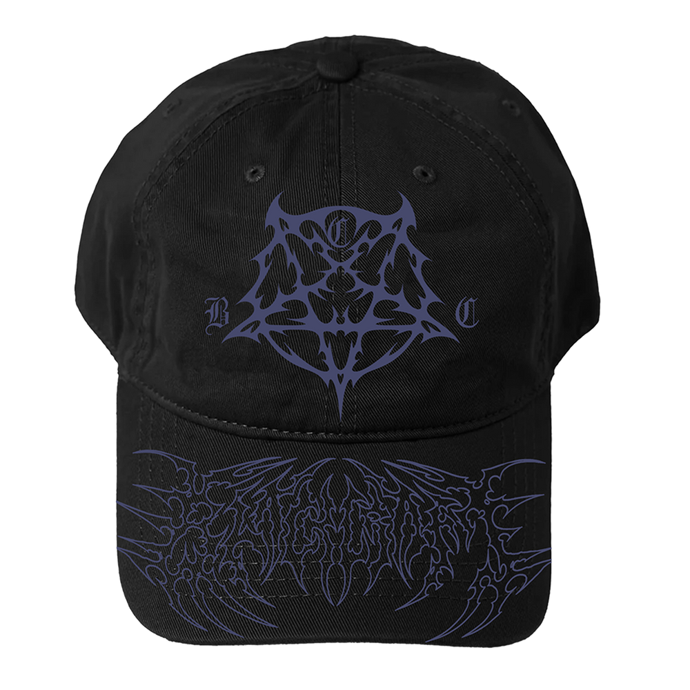 A classic black hat with purple embroidered pentagram front and printed brim.