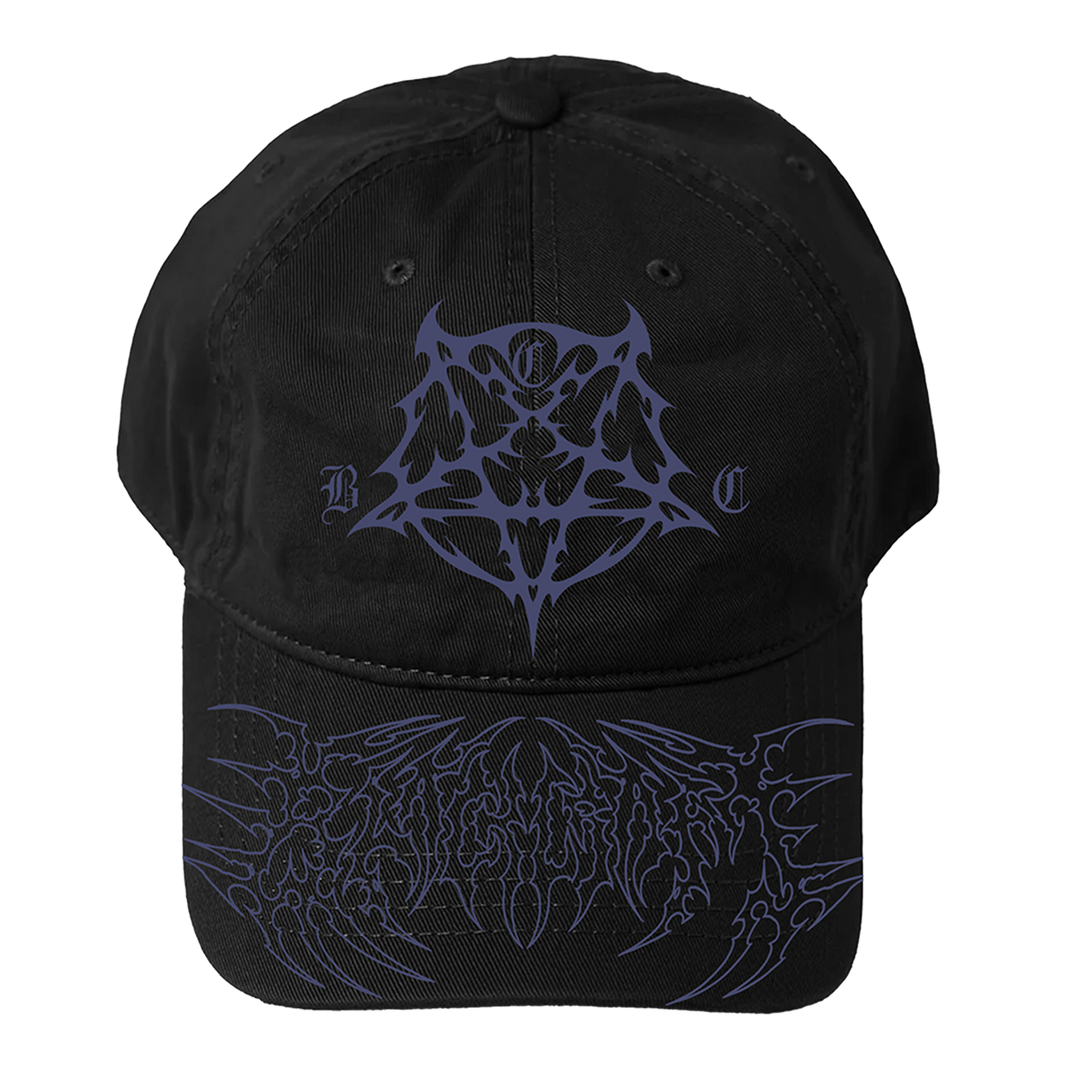 A classic black hat with purple embroidered pentagram front and printed brim.