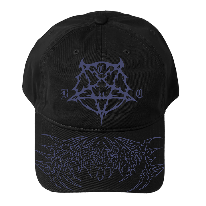 A classic black hat with purple embroidered pentagram front and printed brim.