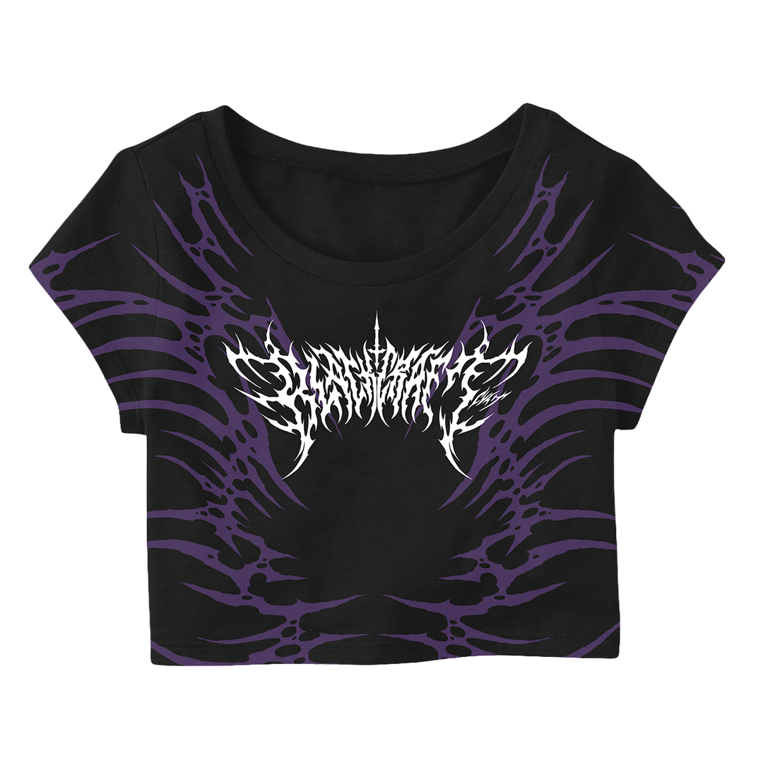 A black cotton cropped tee with custom oversized Blackcraft artwork in purple and white on the front and on the sleeves.