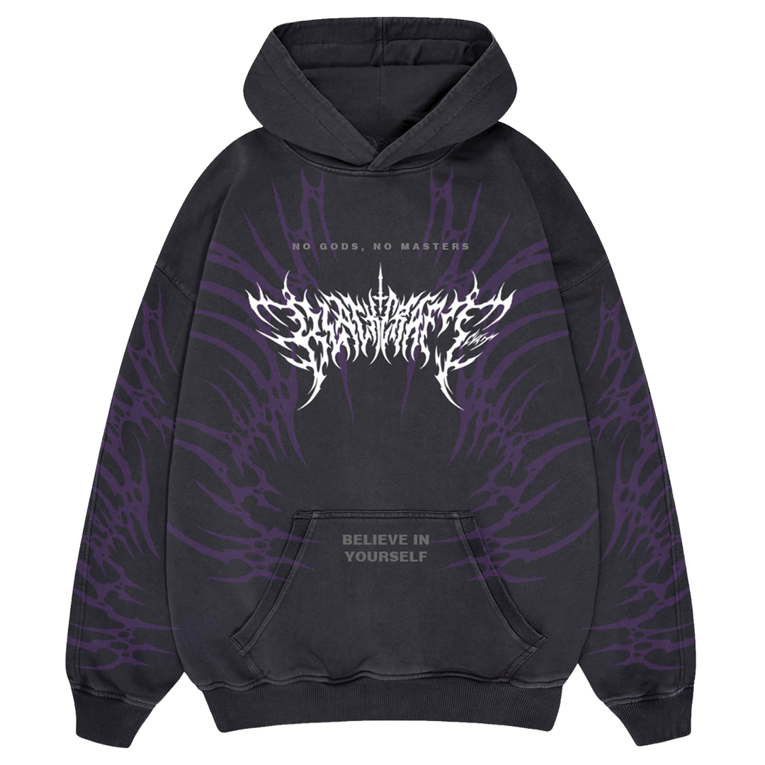 A black cotton pullover hoodie with purple and white Blackcraft artwork on the front and sleeves.