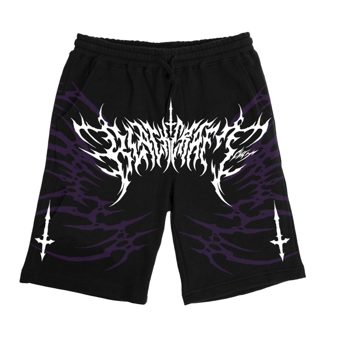 Classic black cotton sweat shorts with custom purple and white Blackcraft artwork on the front. 