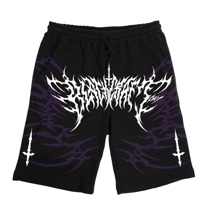 Classic black cotton sweat shorts with custom purple and white Blackcraft artwork on the front and back. 