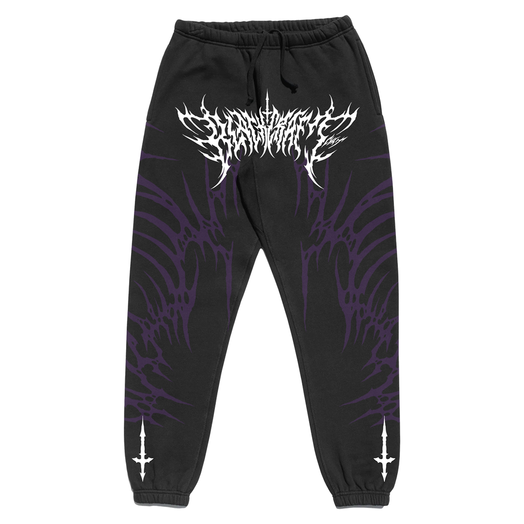 Black cotton sweatpants with custom Blackcraft artwork in purple and white along the front.  