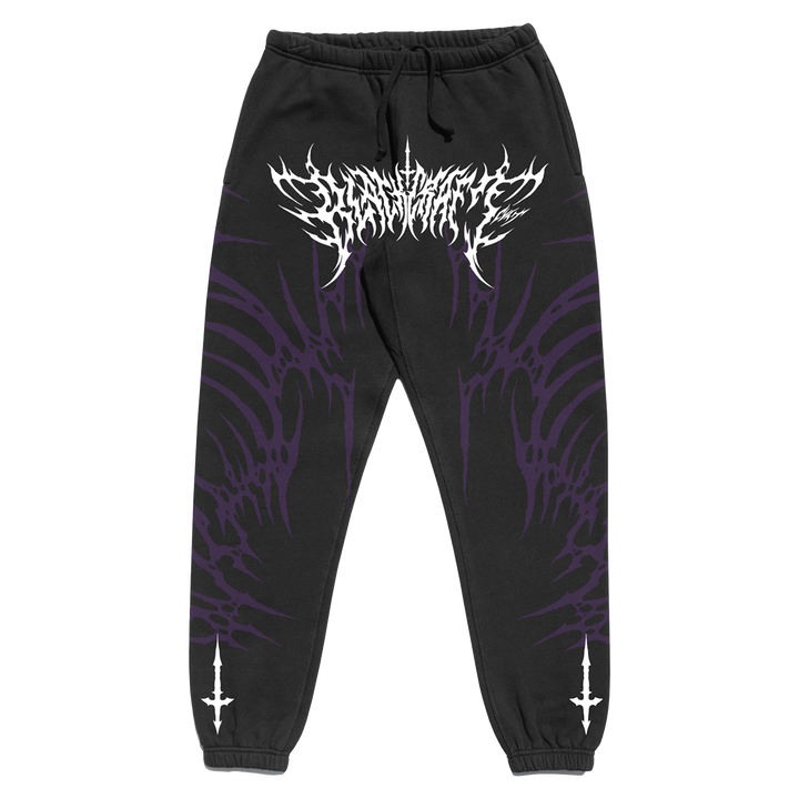 Black cotton sweatpants with custom Blackcraft artwork in purple and white along the front and back.  