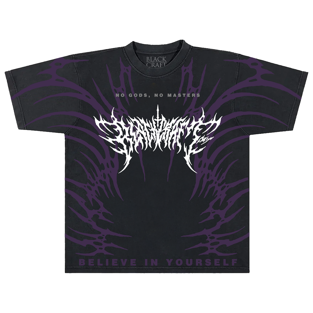 A black boxy fit cotton tee with custom oversized Blackcraft artwork in purple and white on the front and on the sleeves.