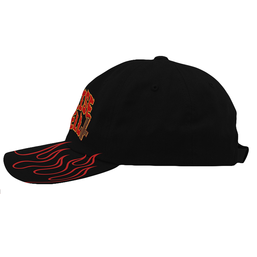 A classic black hat with an embroidered Raise Hell front and printed flame details along the brim.