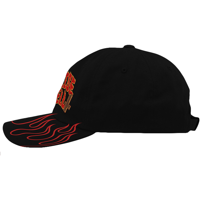 A classic black hat with an embroidered Raise Hell front and printed flame details along the brim.