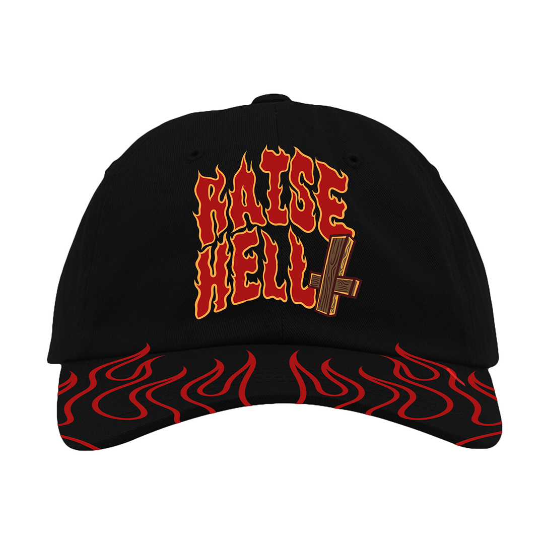 A classic black hat with an embroidered Raise Hell front and printed flame details along the brim.