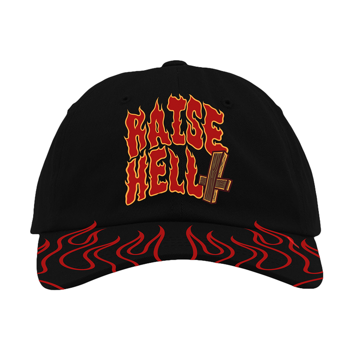 A classic black hat with an embroidered Raise Hell front and printed flame details along the brim.