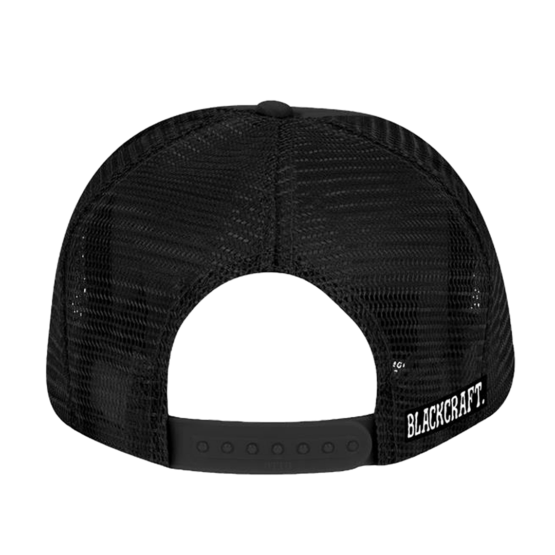 A classic black trucker hat with custom Blackcraft artwork on the front. 