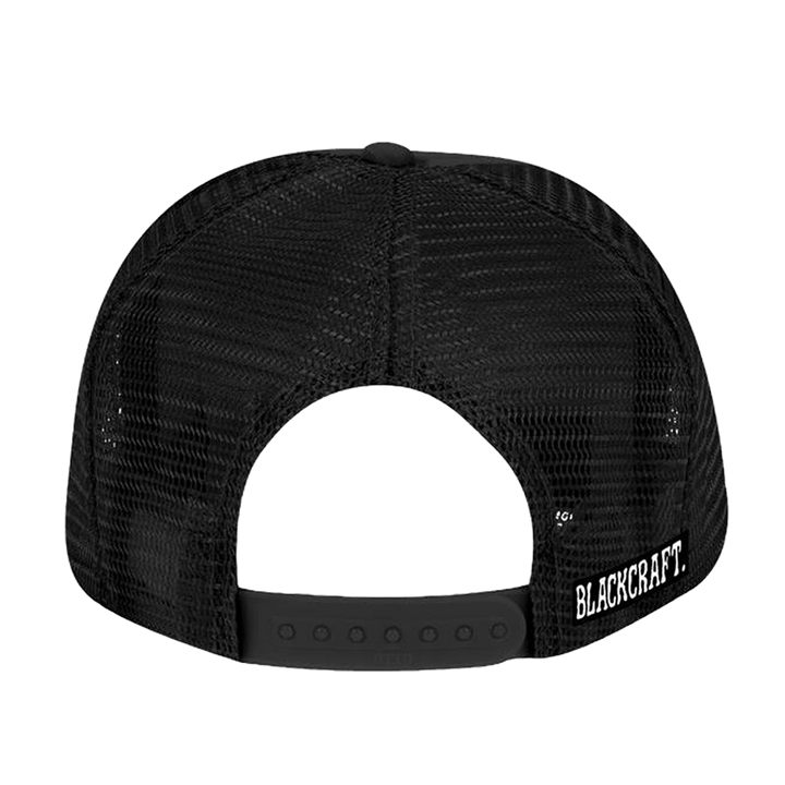 A classic black trucker hat with custom Blackcraft artwork on the front. 