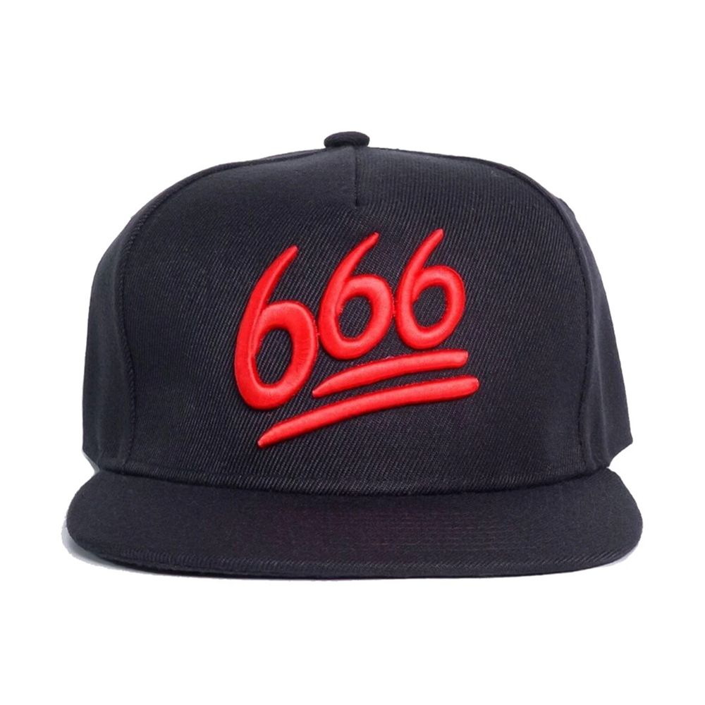 A black snapback hat with red embroidered 666 on the front. 