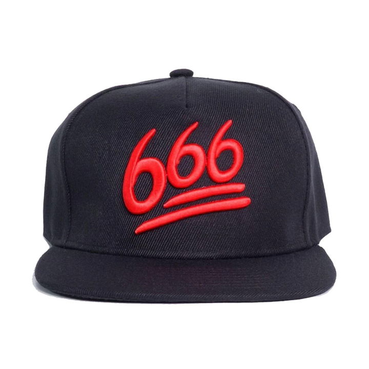 A black snapback hat with red embroidered 666 on the front. 