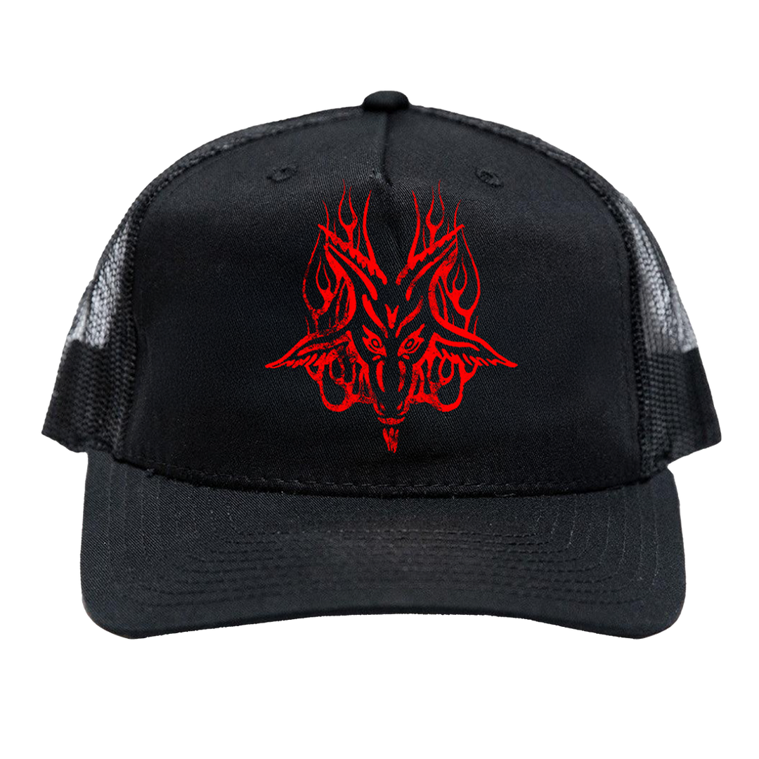 A classic black foam trucker hat with custom red Blackcraft artwork on the front.