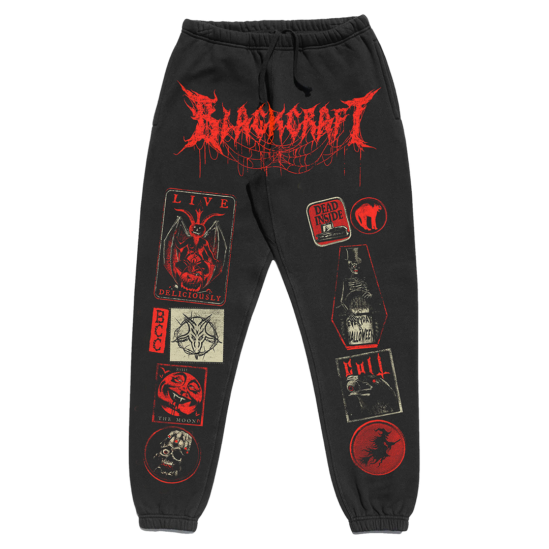 Classic black cotton sweatpants with red Blackcraft patch artwork on the front. 