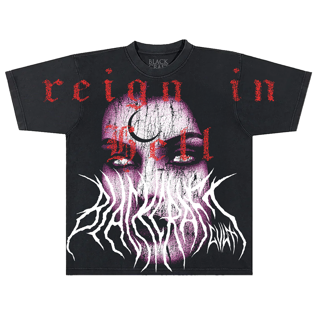 A classic black boxy fit tee with oversized gothic artwork on the front, from Blackcraft.