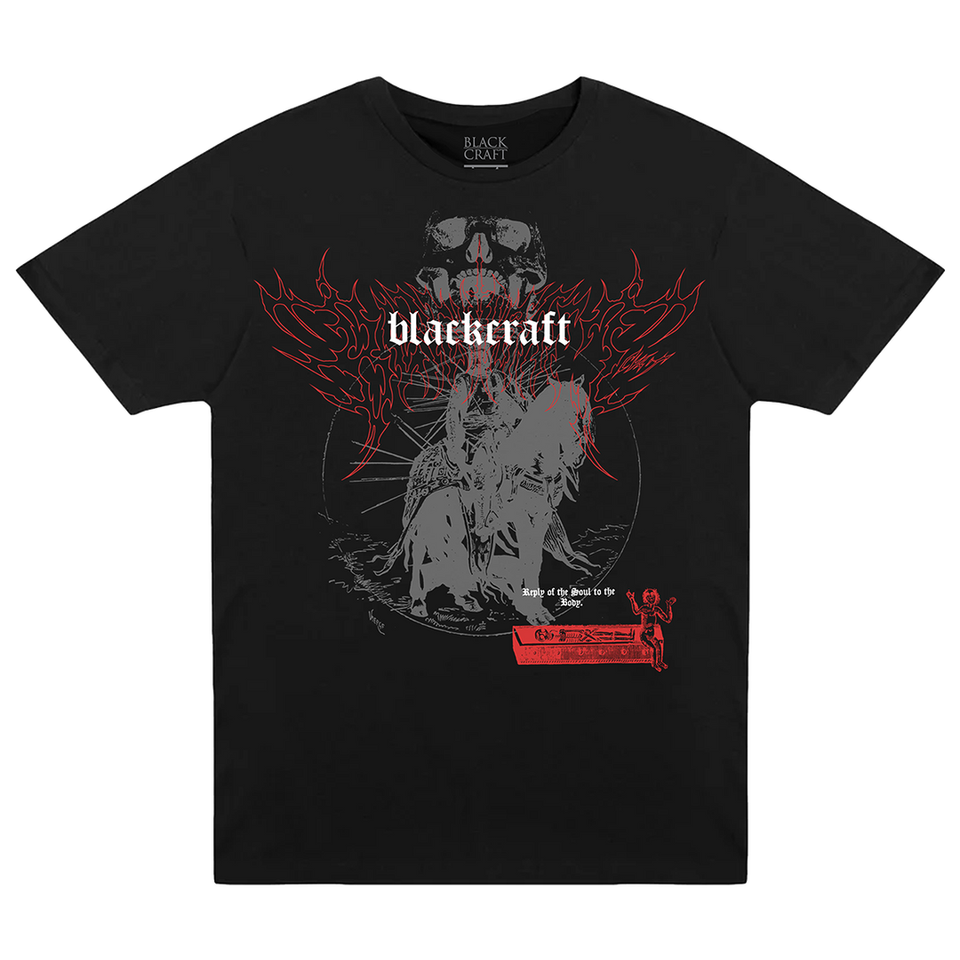 A classic black cotton tee with custom Blackcraft artwork across the front. 