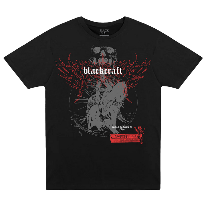 A classic black cotton tee with custom Blackcraft artwork across the front. 