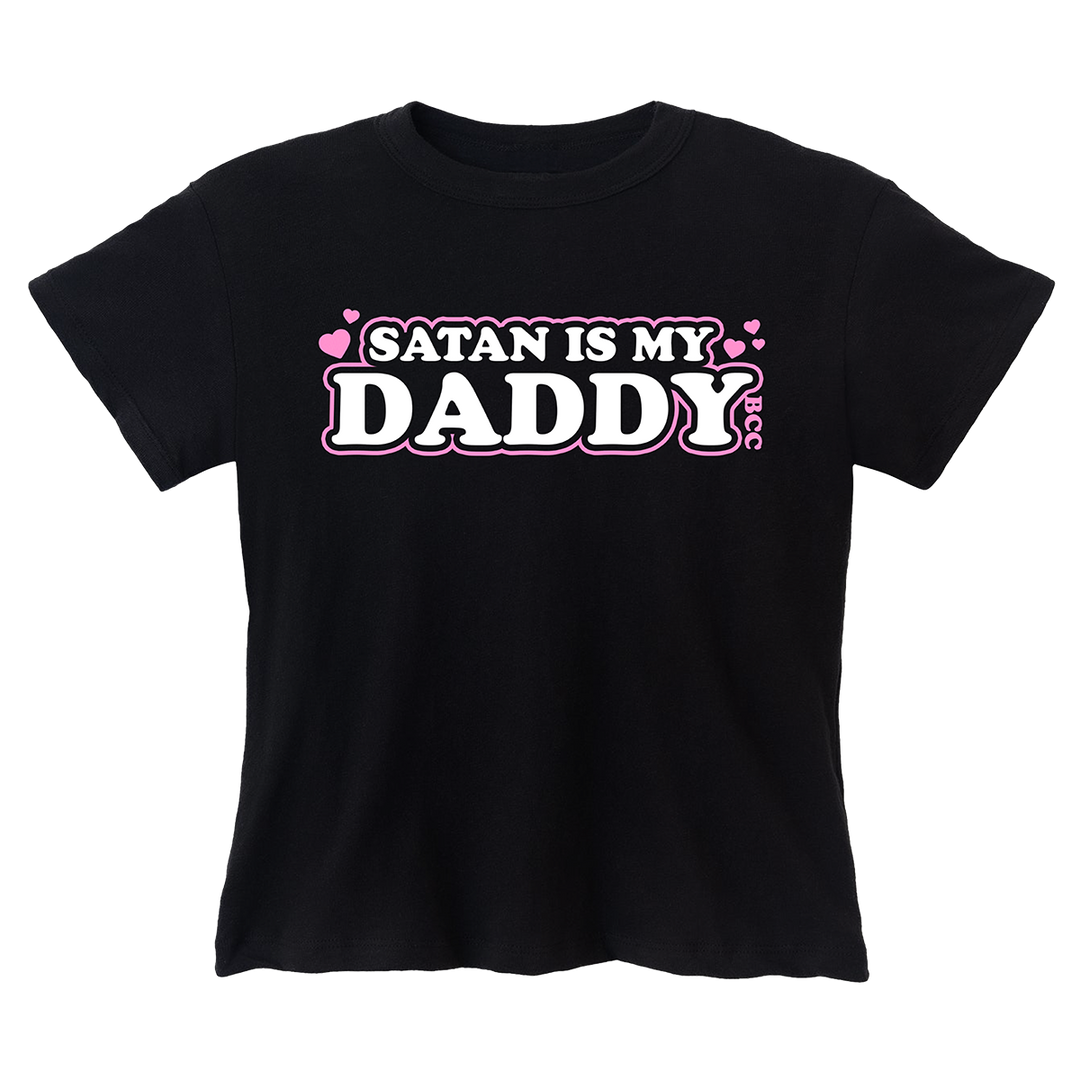 A classic black cotton baby tee with custom satan is my daddy artwork on the front, from Blackcraft. 