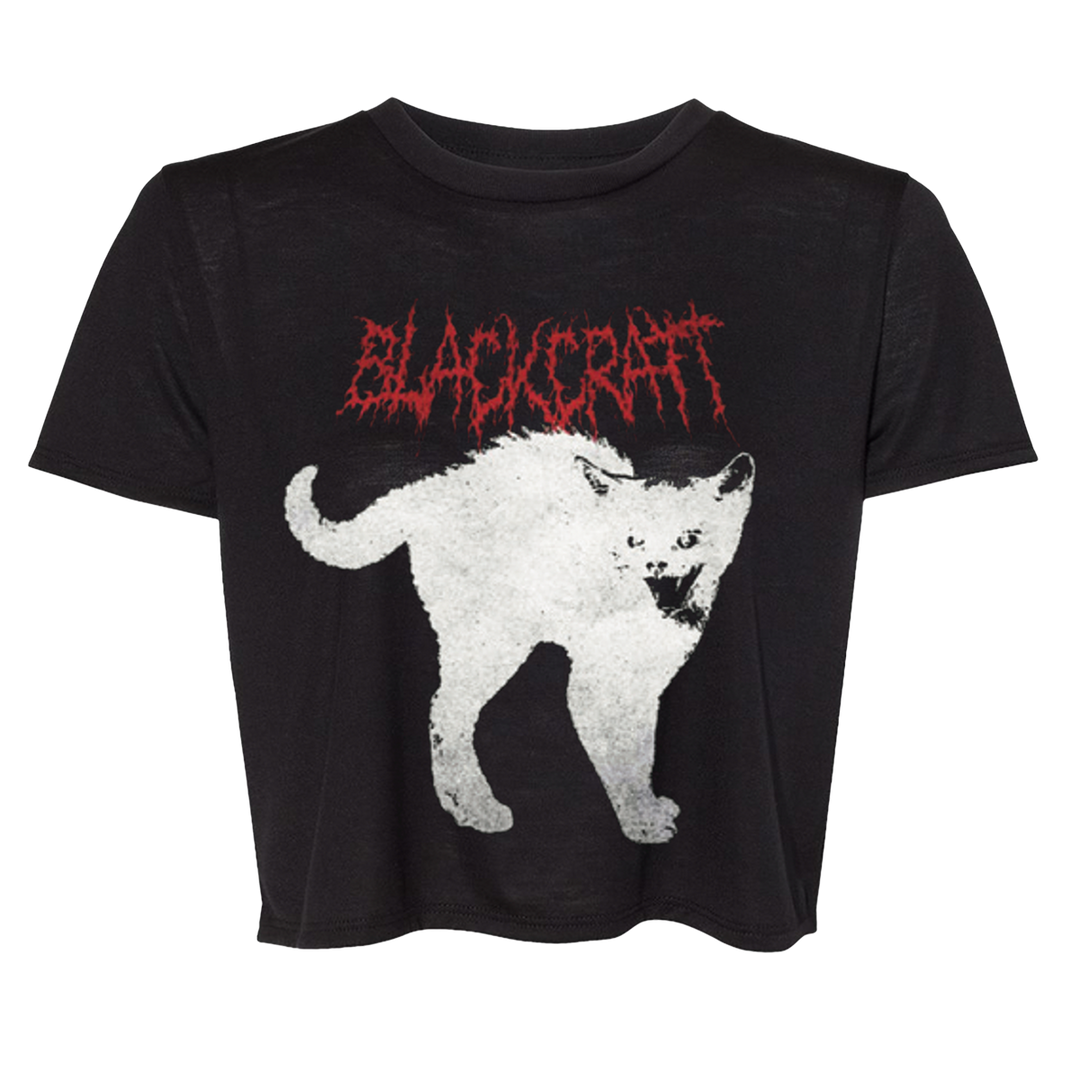 A black short sleeve crop tee with custom scaredy cat artwork across the front.
