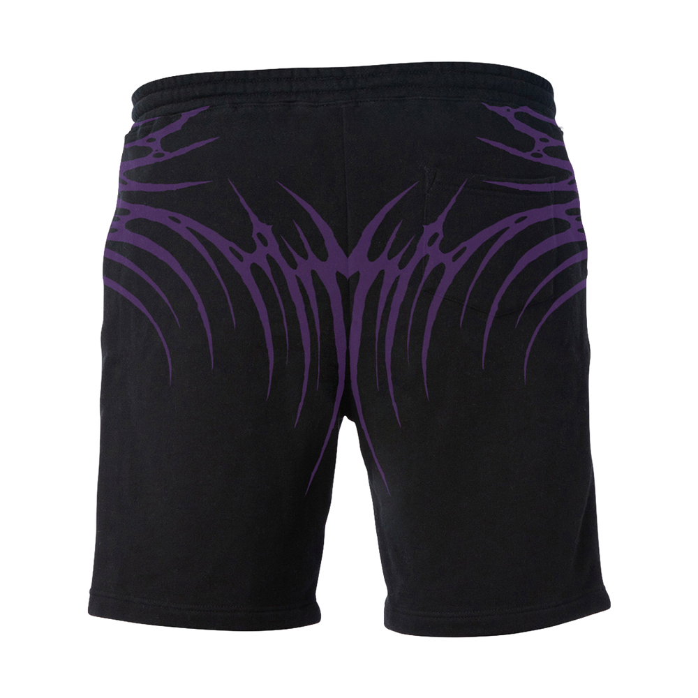 Classic black cotton sweat shorts with custom purple and white Blackcraft artwork on the front and back. 