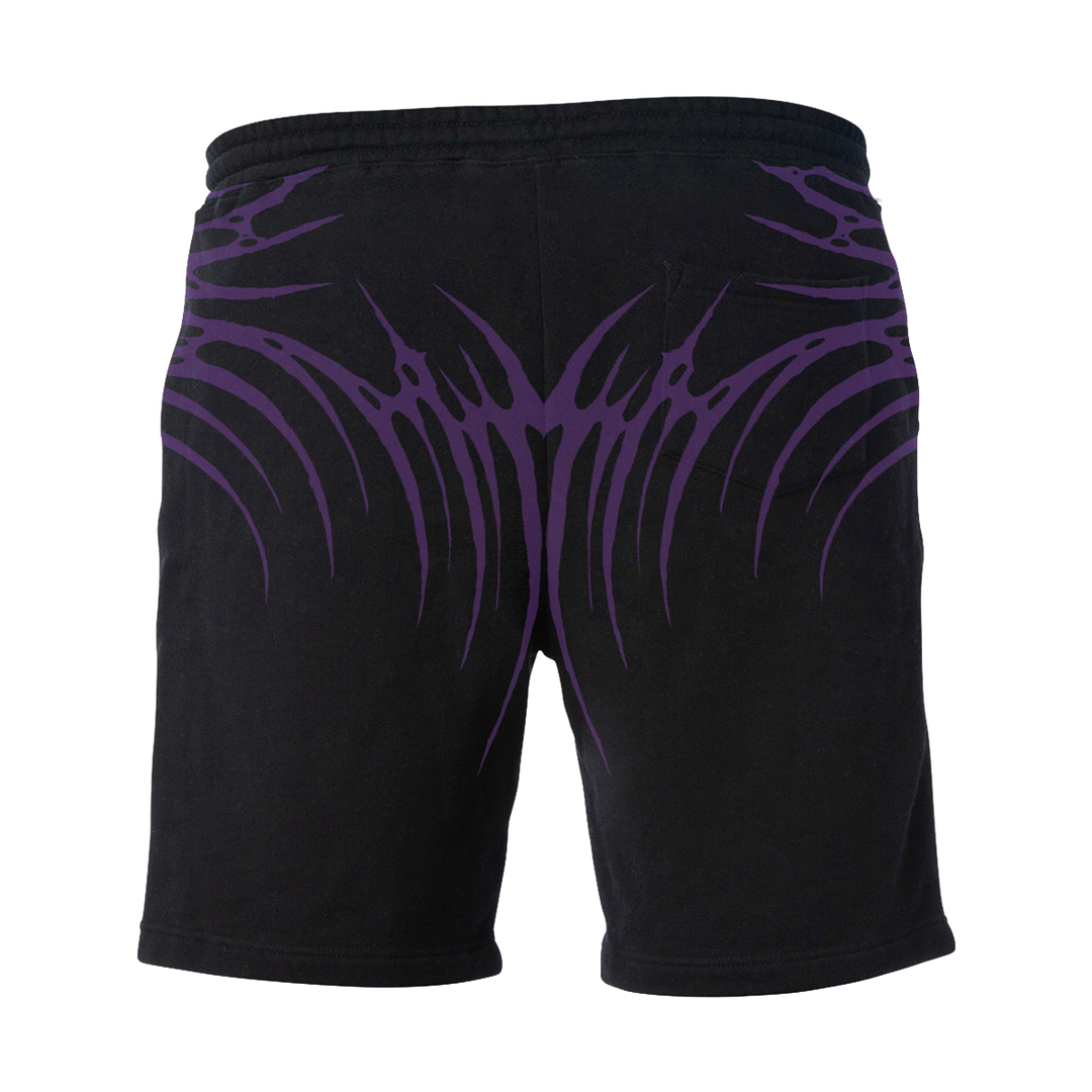 Classic black cotton sweat shorts with custom purple and white Blackcraft artwork on the front and back. 