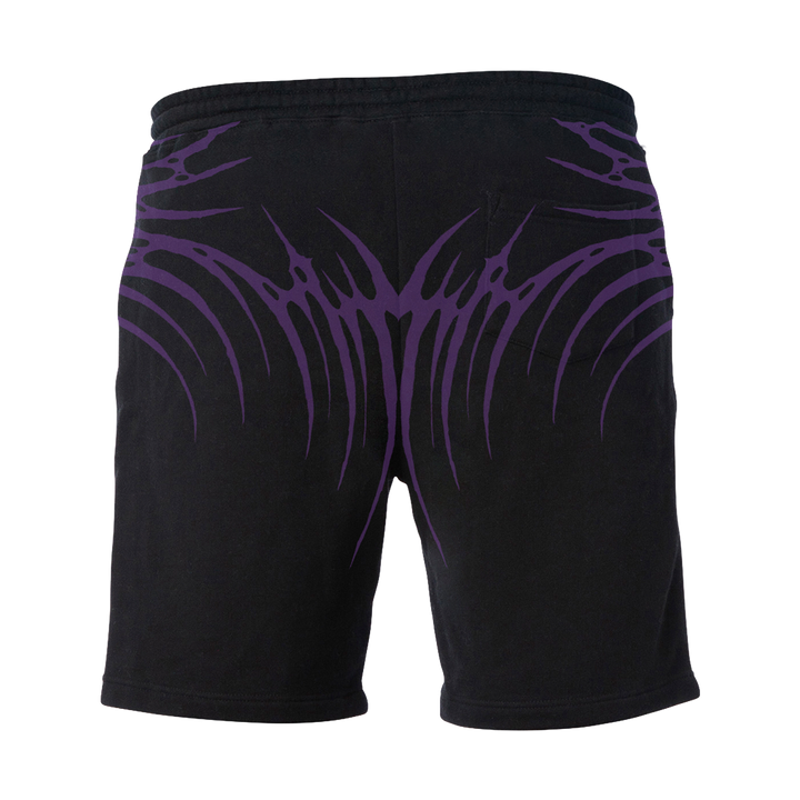 Classic black cotton sweat shorts with custom purple and white Blackcraft artwork on the front and back. 