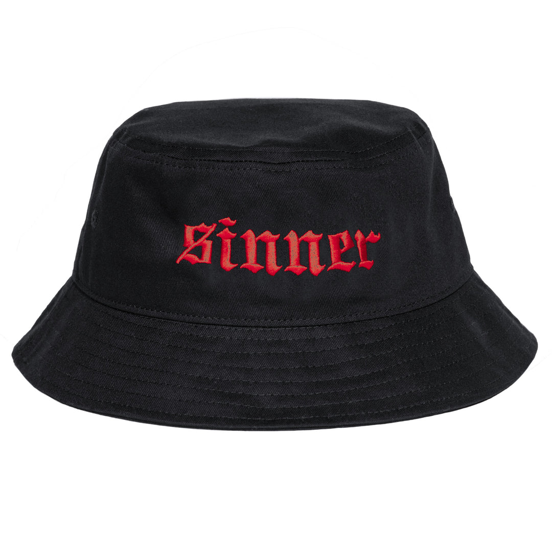 A classic black cotton bucket hat with Sinner embroidered in red across the front, from Blackcraft.