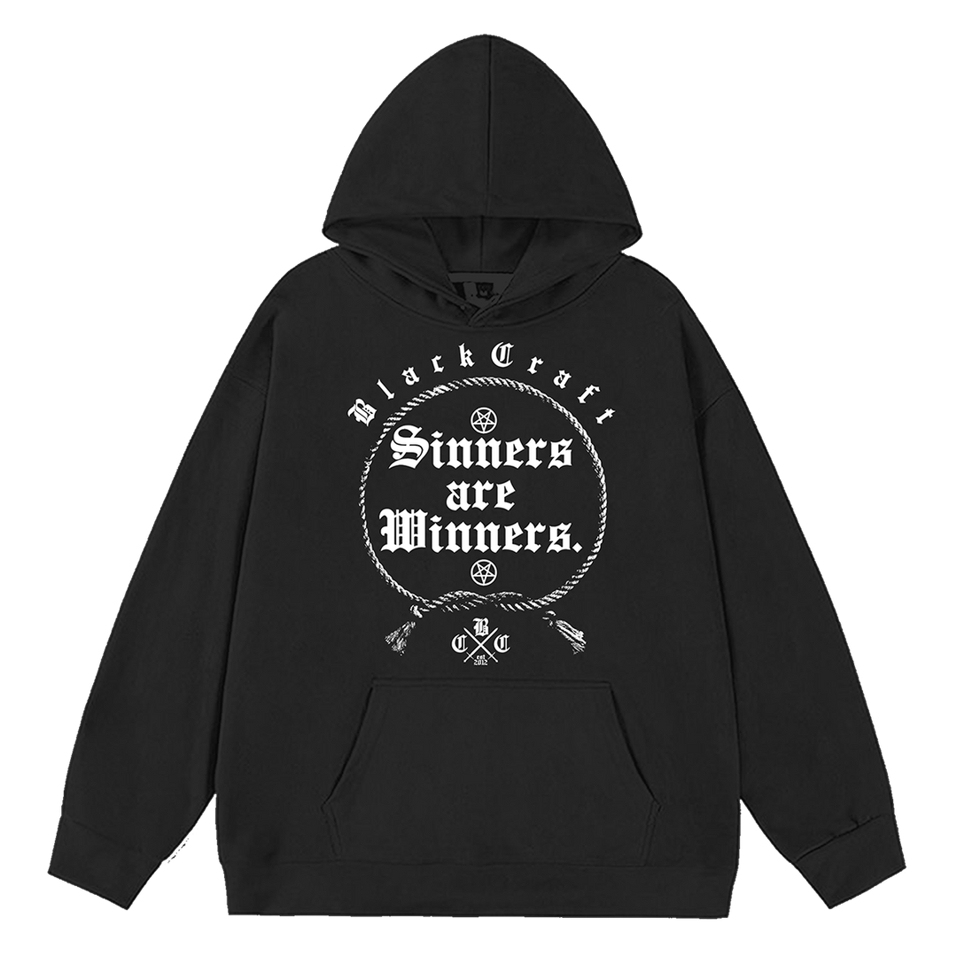 A classic Womens black pullover hoodie with custom Blackcraft artwork on the front. 
