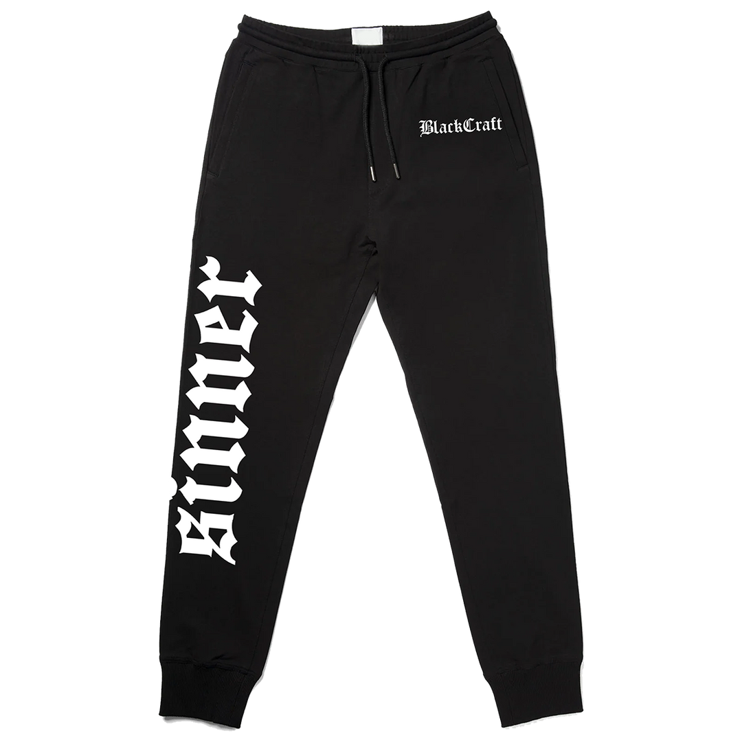 Classic black Womens joggers with custom Blackcraft artwork along the side of the leg. 