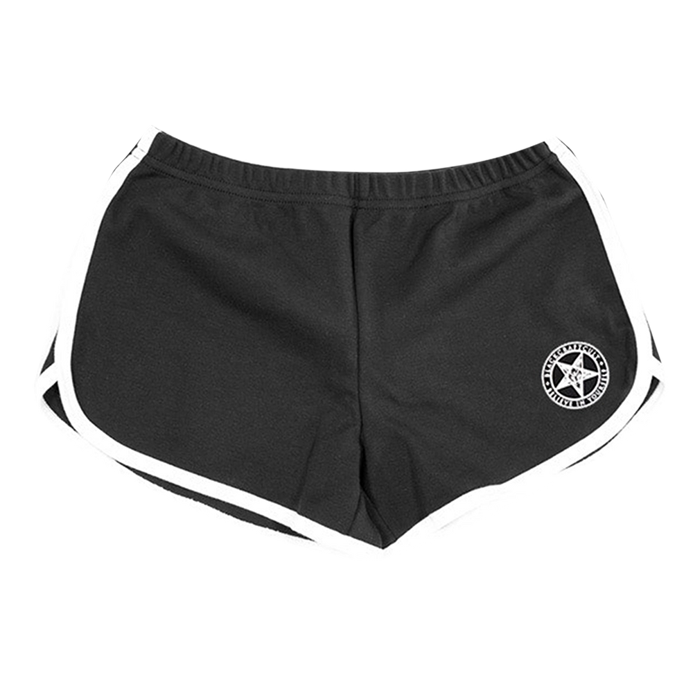 Classic black running shorts with Sinner artwork and white piping, from Blackcraft.