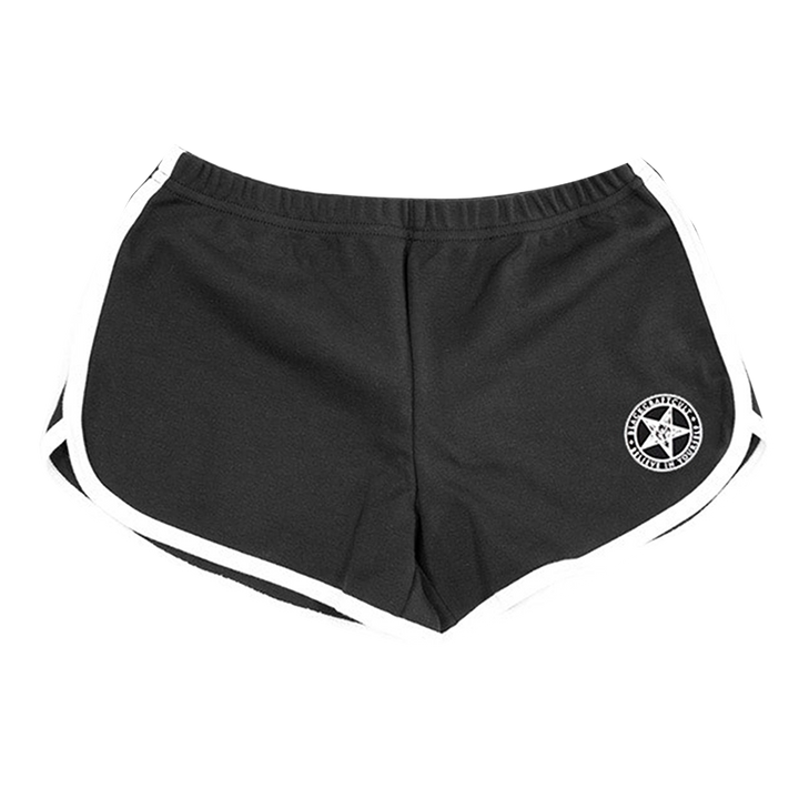 Classic black running shorts with Sinner artwork and white piping, from Blackcraft.