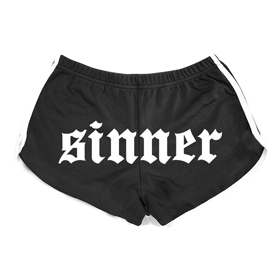 Classic black running shorts with Sinner artwork and white piping, from Blackcraft.