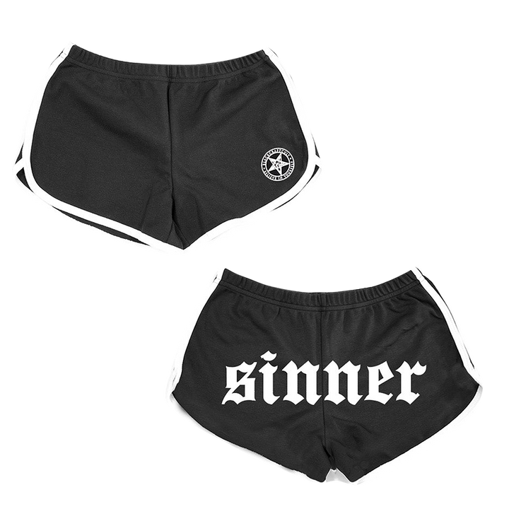 Classic black running shorts with Sinner artwork and white piping, from Blackcraft.