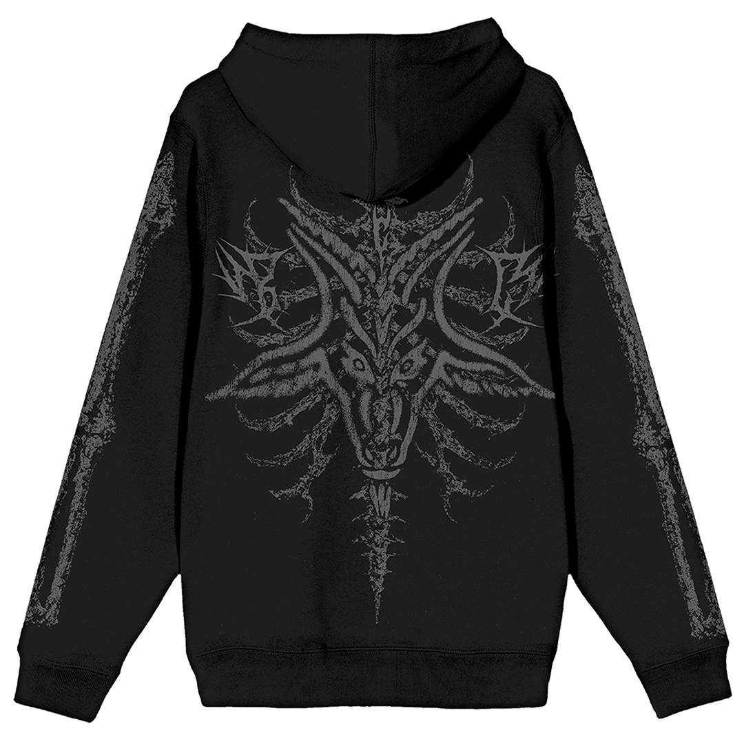 A classic black zip up hoodie with skeleton artwork, from Blackcraft.