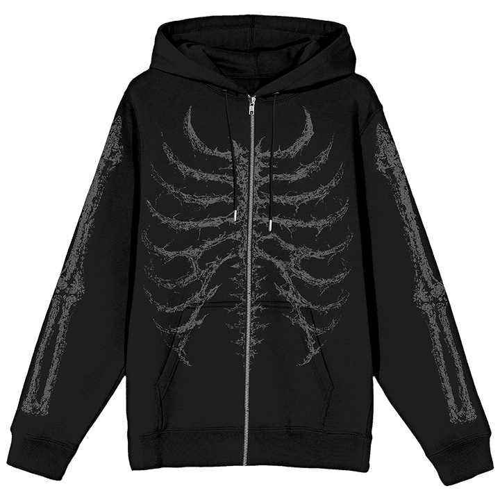 A classic black zip up hoodie with skeleton artwork, from Blackcraft.