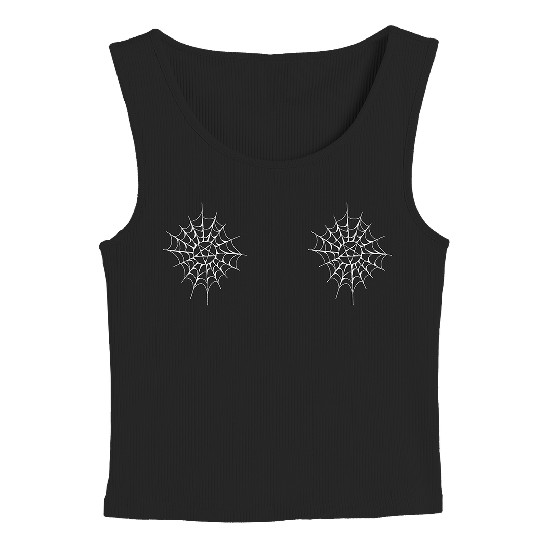 A black stretchy cotton ribbed cropped tank top with spiderweb artwork at the chest.
